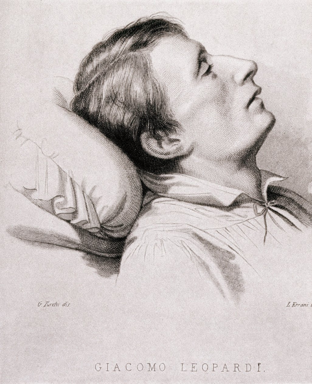 O poeta italiano Giacomo Leopardi (1798-1837) em seu leito de morte. Gravura do século XIX de Unknown artist