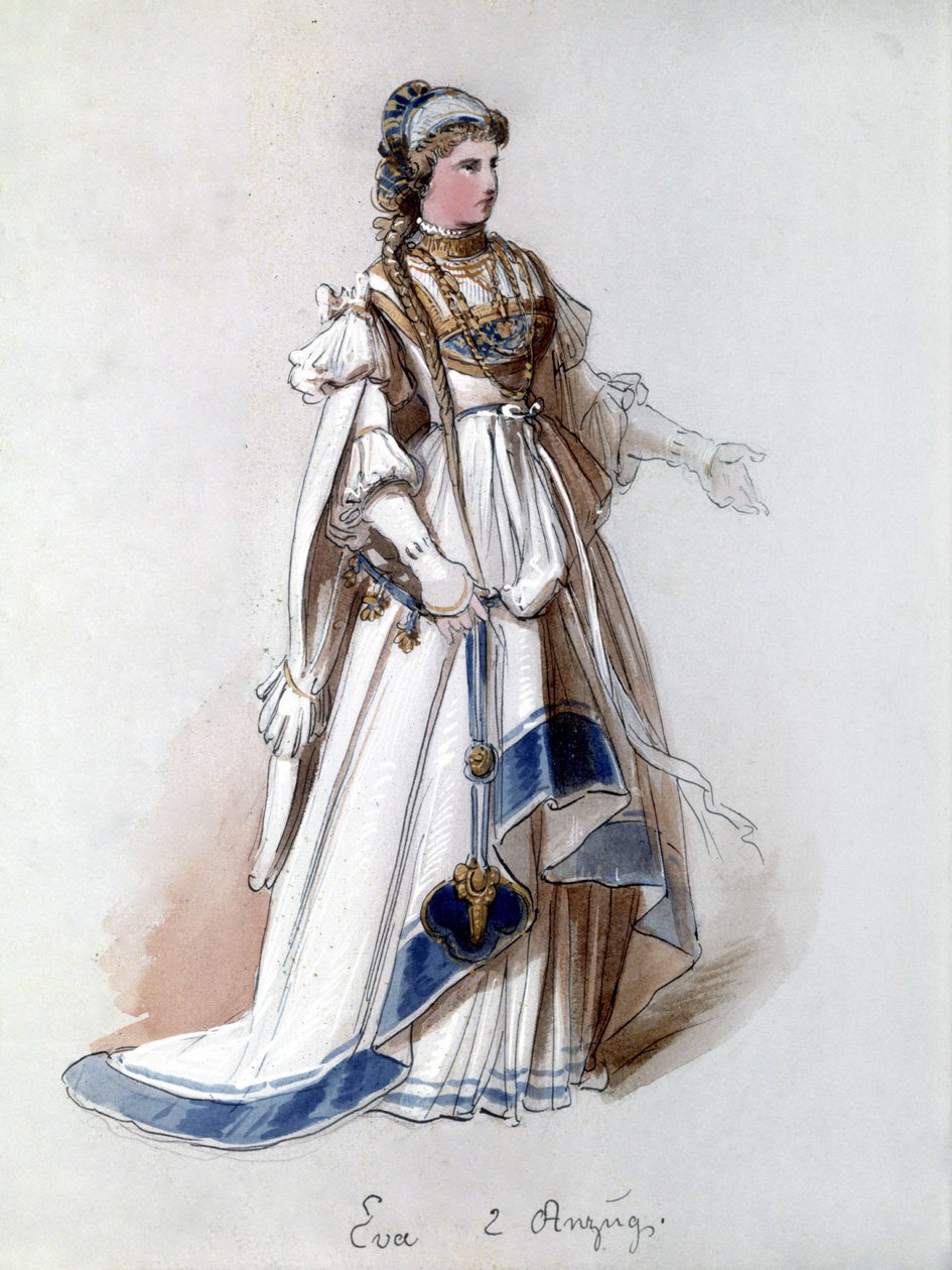 Os Mestres Cantores de Nuremberga (Die Meistersinger von Nürnberg), ópera criada por Richard Wagner: O traje de Eva para a primeira actuação. Museu Wagner Bayreuth. de Unknown artist