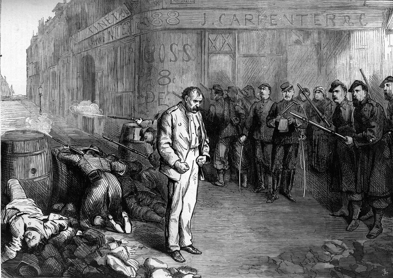A Comuna de Paris, em 1871. Um federe (comuna) feito prisioneiro na esquina das ruas Montmartre e Aboukir é exposto ao fogo de uma barricada que os federais levantaram. Os seus camaradas abandonaram a barricada, ele conseguiu fugir, mas rapidamente fujiu. de Unknown artist
