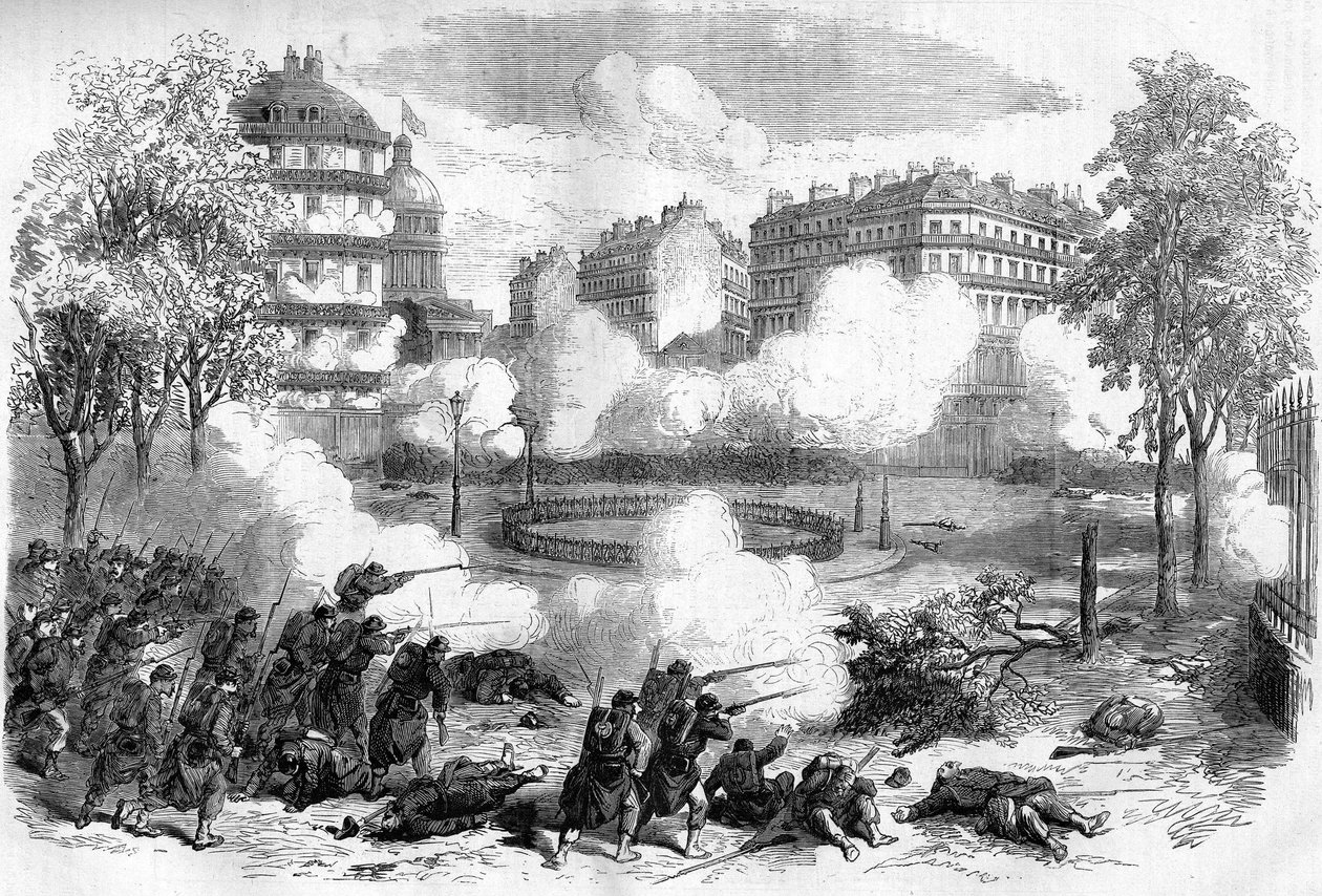 A Comuna de Paris, em 1871. Ataque das barricadas dos federais (comunas) em frente ao Panteão pelo corpo militar do General de Cissey em 24 de Maio de 1871, no início da semana sangrenta (22 - 28 de Maio de 1871). de Unknown artist