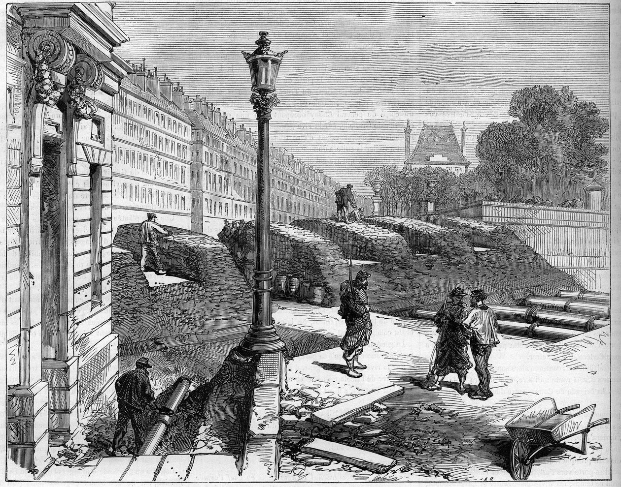 A Comuna de Paris, em 1871. Barricade des federes (comunas) na esquina da Rue de Rivoli com a Place de la Concorde. de Unknown artist