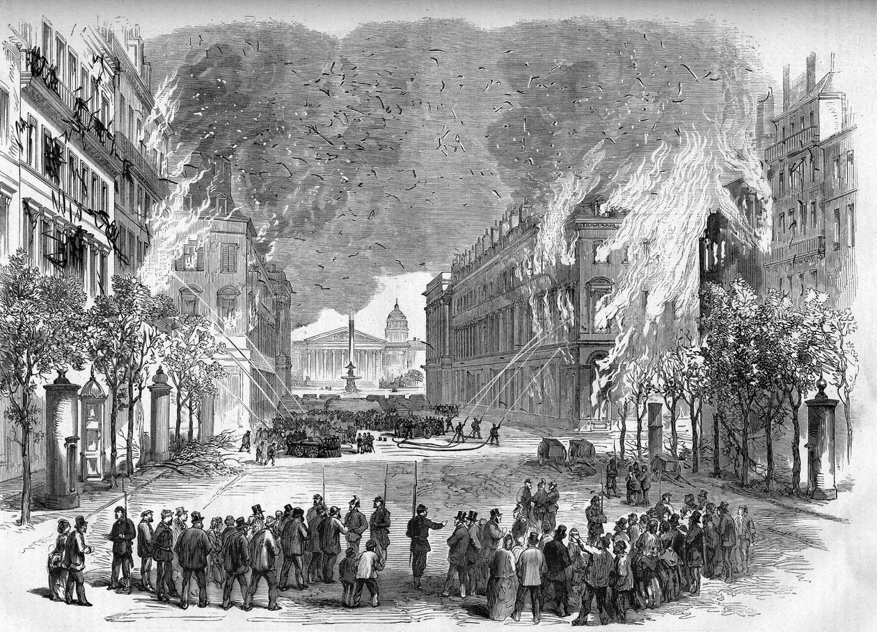 A Comuna de Paris, em 1871. Fogo aceso pelos federais (comunas) na Rue Royale durante a semana sangrenta (22 a 28 de maio de 1871 de Unknown artist