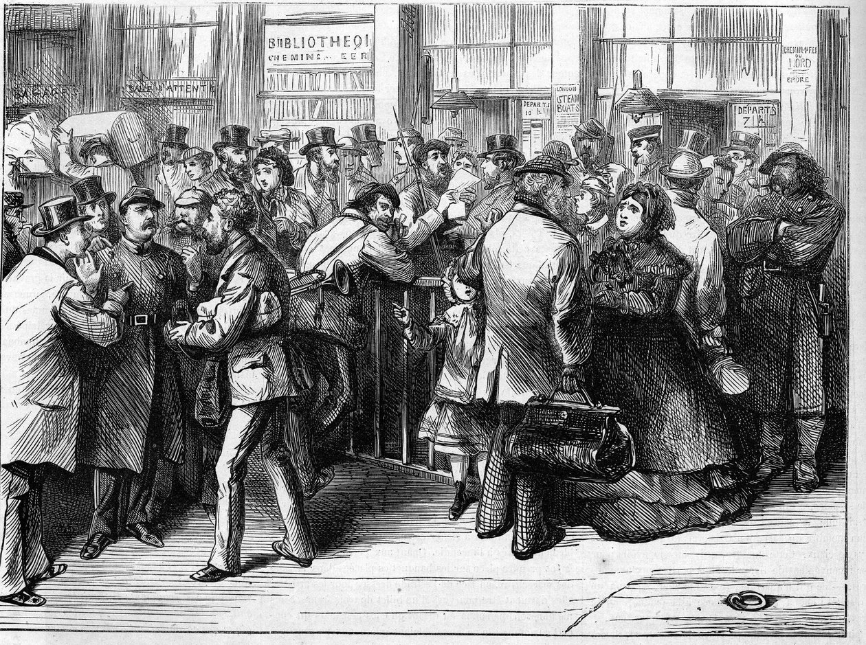 A Comuna de Paris, em 1871. Verificação do passaporte pelos federais (comunas) das pessoas que deixam Paris pelos caminhos-de-ferro do norte. de Unknown artist