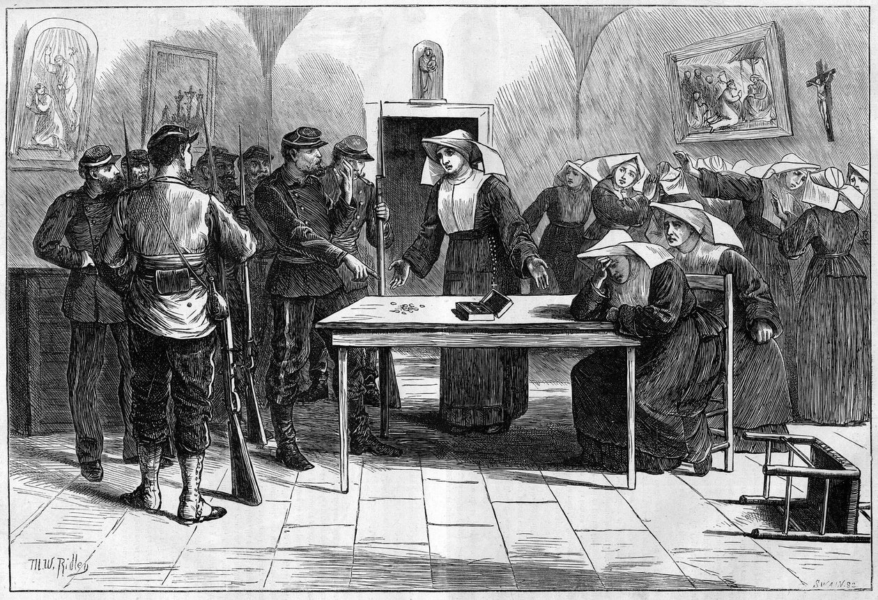 A Comuna de Paris, em 1871. Busca pelos federais (comunas) de uma casa ocupada por freiras (Irmãzinhas dos Pobres), localizada na Rue de Sevres. Os federais, depois de descobrir o dinheiro da comunidade de freiras, colocam o dinheiro de volta na caixa e re de Unknown artist