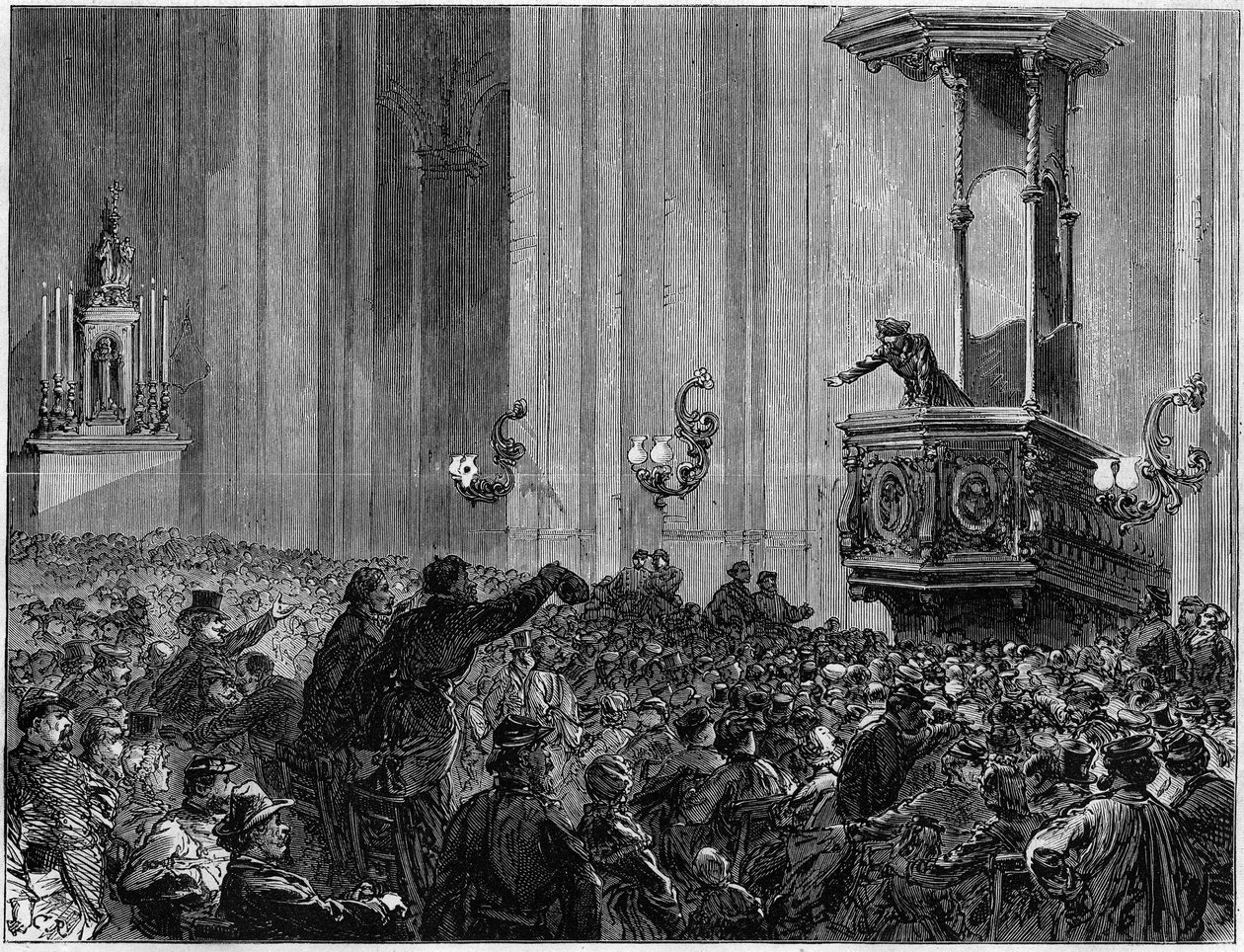 A Comuna de Paris, em 1871. Clube da Igreja de Santo Eustáquio. As igrejas foram solicitadas pelos federais à noite para a realização de reuniões e debates. Estes clubes tinham um triplo propósito de educação, informação e expressão. de Unknown artist