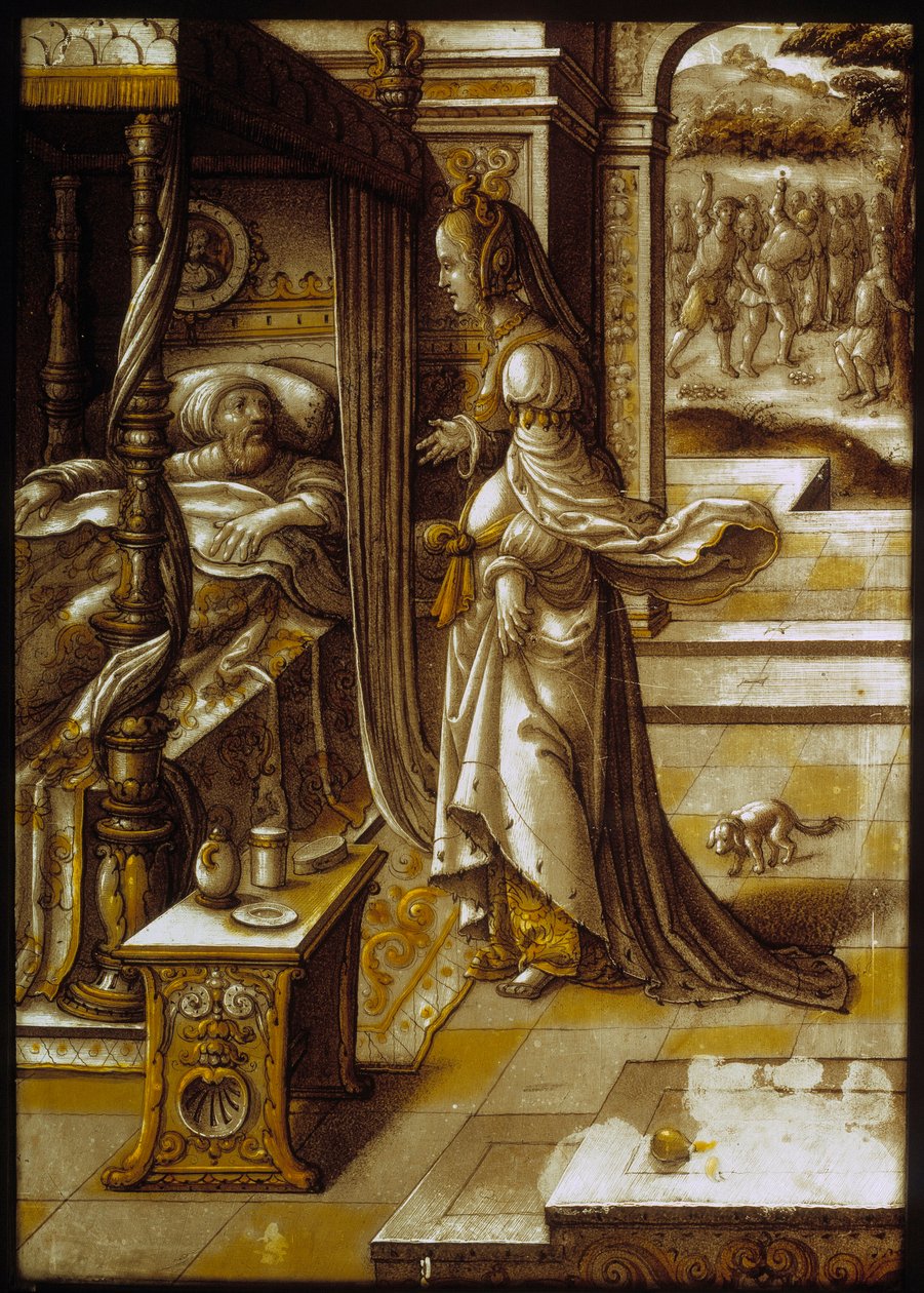 A princesa fenícia Jezabel promete ao seu casado Ahab (Akhab), que está chateada por não obter a vinha de Naboth, levá-la até ela. Vidro manchado do século XVI. Paris, Museu do Louvre de Unknown artist