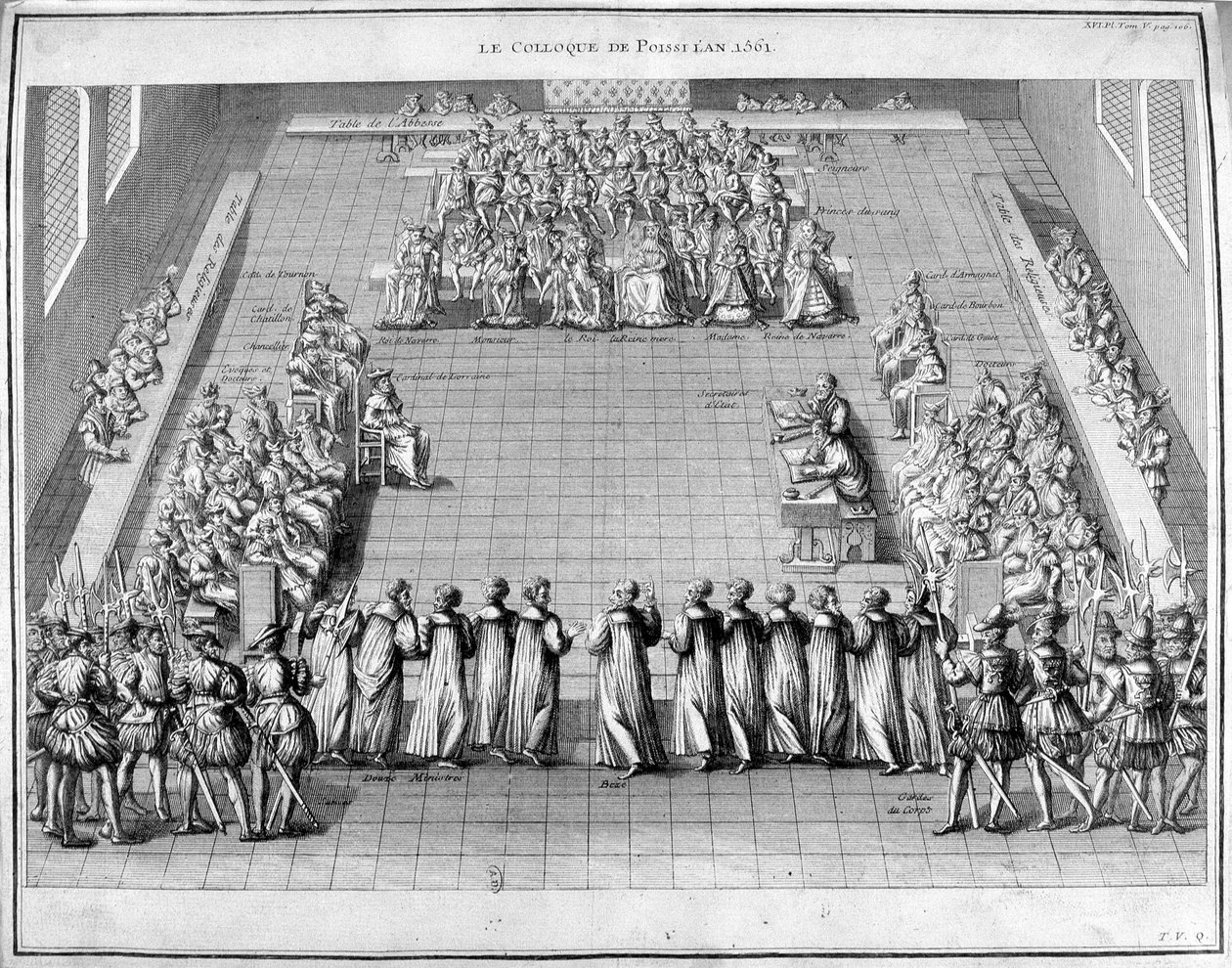 O Colloquium Poissi (Envenenado) em 1561. No centro o Rei da França Carlos IX (1550-1574) e a Rainha Madre Catarina de Medicis (Caterina de Medici) (1519-1589). de Unknown artist