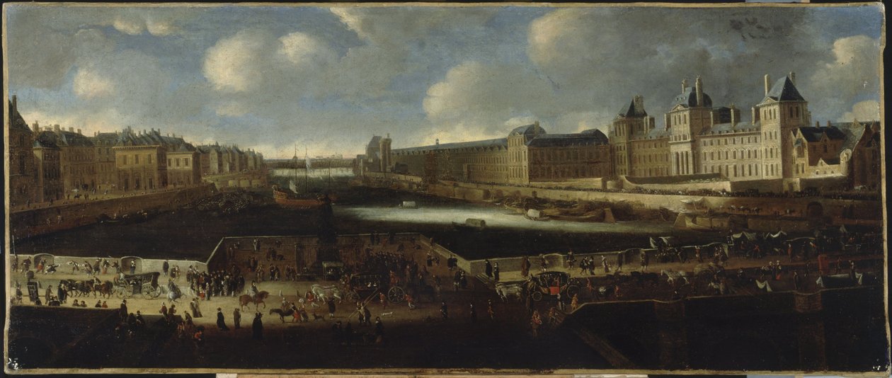 O Pont-Neuf, visto da entrada da Place Dauphine, o Quai Malaquais com o Collège des Quatre-Nations em construção, a Grande Galerie e o Louvre, cerca de 1665, entre 1660 e 1670 (óleo sobre tela) de Unknown artist