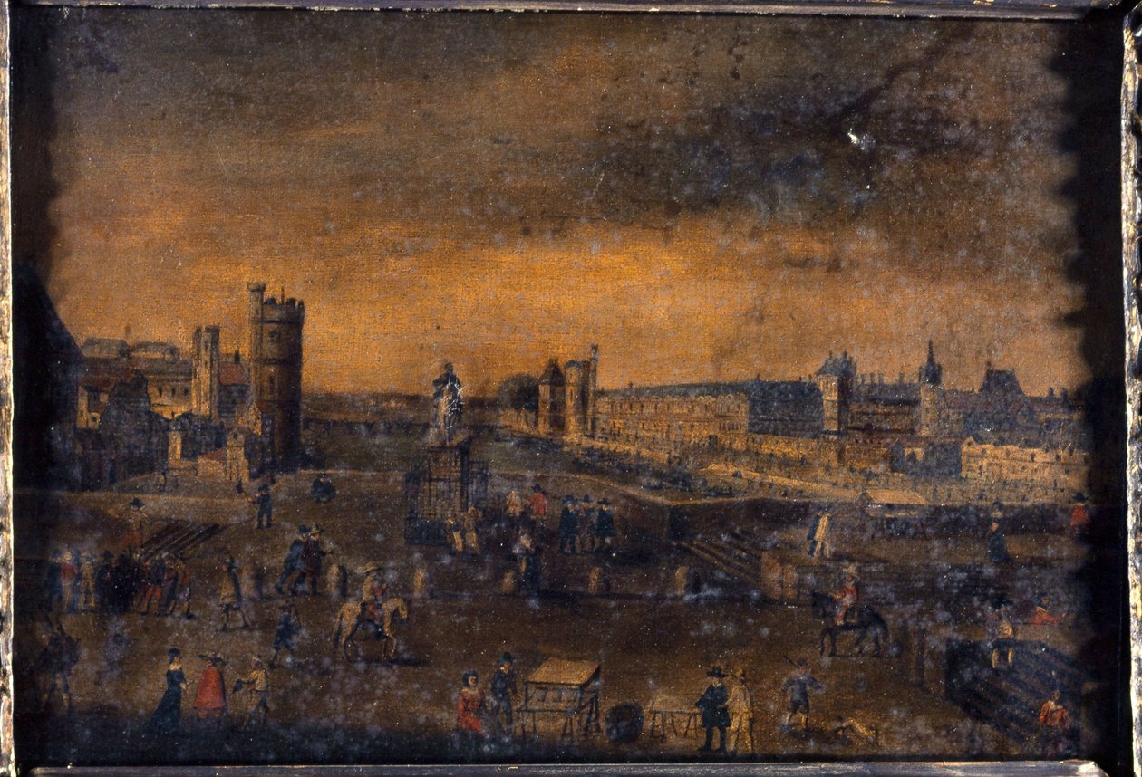 O Pont-Neuf, visto da entrada da Place Dauphine, o Hôtel de Nevers, a Tour de Nesle, a Grande Galerie, com a Porte Neuve, e o Louvre, cerca de 1640, actuais 1º e 6º arrondissements, entre 1635 e 1645 (óleo sobre tela) de Unknown artist