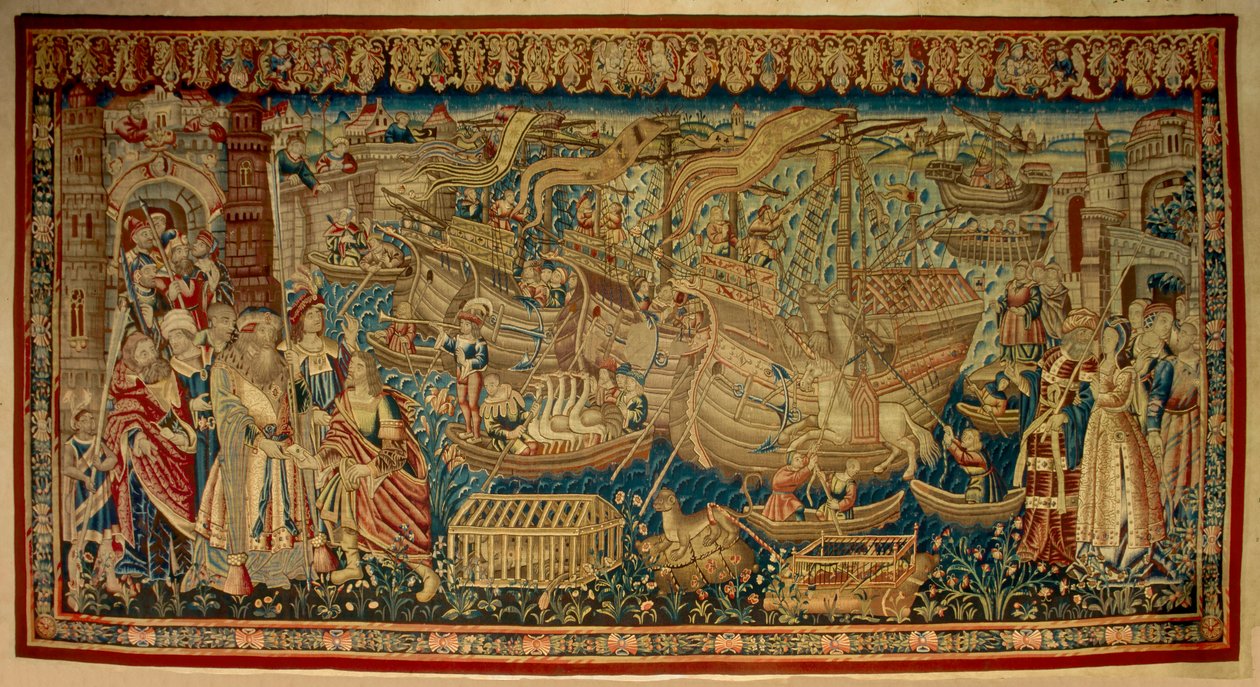 O navegador português Vasco de Gama (1459-1524) chegou a Calicut (Kozhikode), na Índia, em 1498. Tapeçaria. Lisboa de Unknown artist