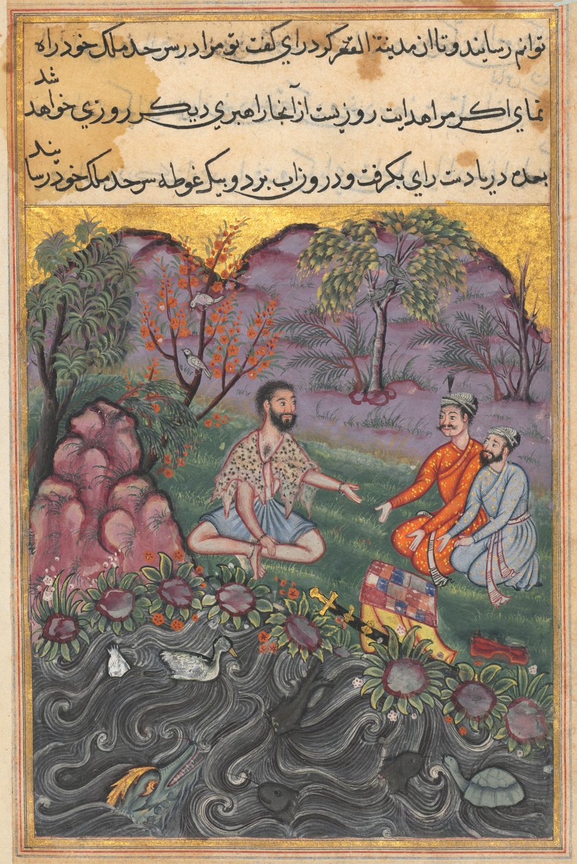 O Raja de Ujjain, que está viajando disfarçado de iogue, encontra dois irmãos que lhe pedem para dividir equitativamente a posse de seu pai, de um Tuti-nama (Contos de um Papagaio): Quadragésima Sexta Noite de Unknown artist