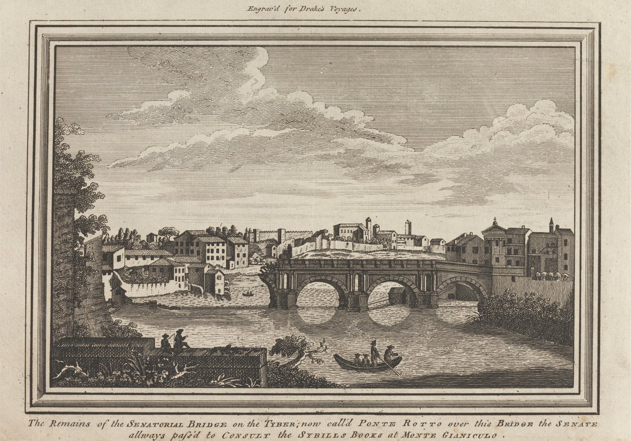 Os restos da Ponte do Senado no Tyber; agora chamada Ponte Rotto sobre esta ponte o Senado passa todos os caminhos para consultar os Livros da Sybills em Monte Gianiculo de Unknown artist