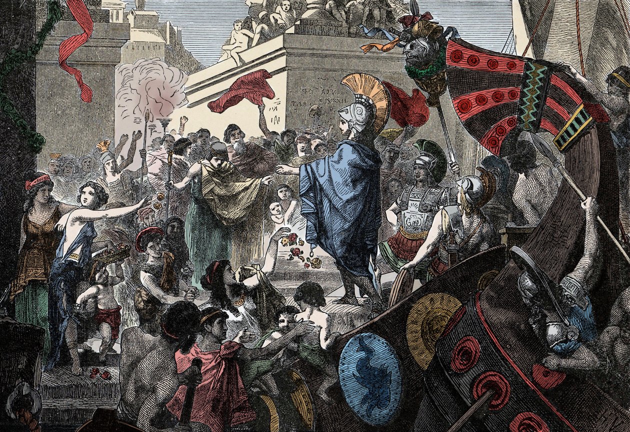 O regresso de Alcibiades a Atenas - Antiguidade Grega: o regresso triunfante de Alcibiade (450-404 AC) a Atenas, 407 AC de Unknown artist