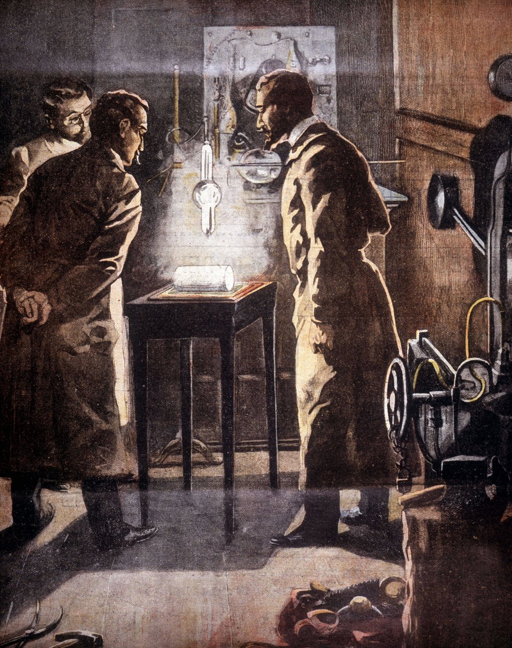 O Roentgen (Rontgen) ou Raios X. Descoberto em 1895. Ilustração representando a experiência. de Unknown artist