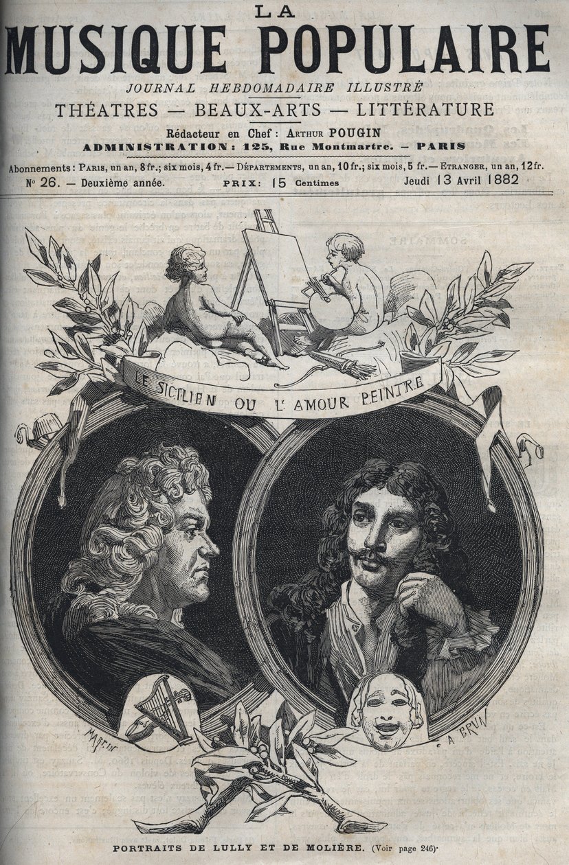 O Siciliano ou Pintor do Amor - Retrato de Jean Baptiste Lully (Giovanni Battista Lulli) (1632-1687) e Moliere - gravura em "Música Popular" ilustrada no jornal semanal - 1882 de Unknown artist