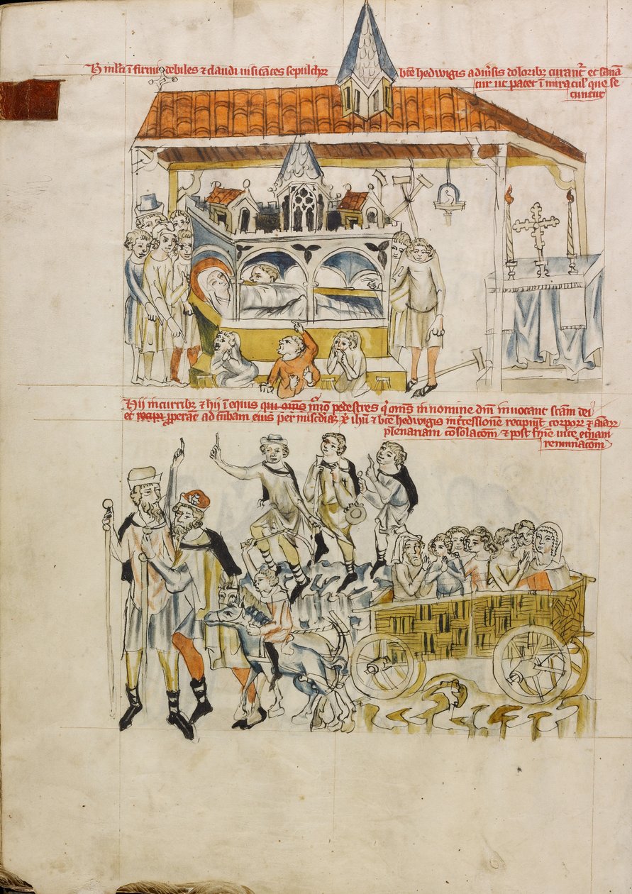 Doentes, leprosos e coxos rezando no túmulo de Santa Edwiges; pessoas que vêm visitar o túmulo de Santa Edwiges de Unknown artist