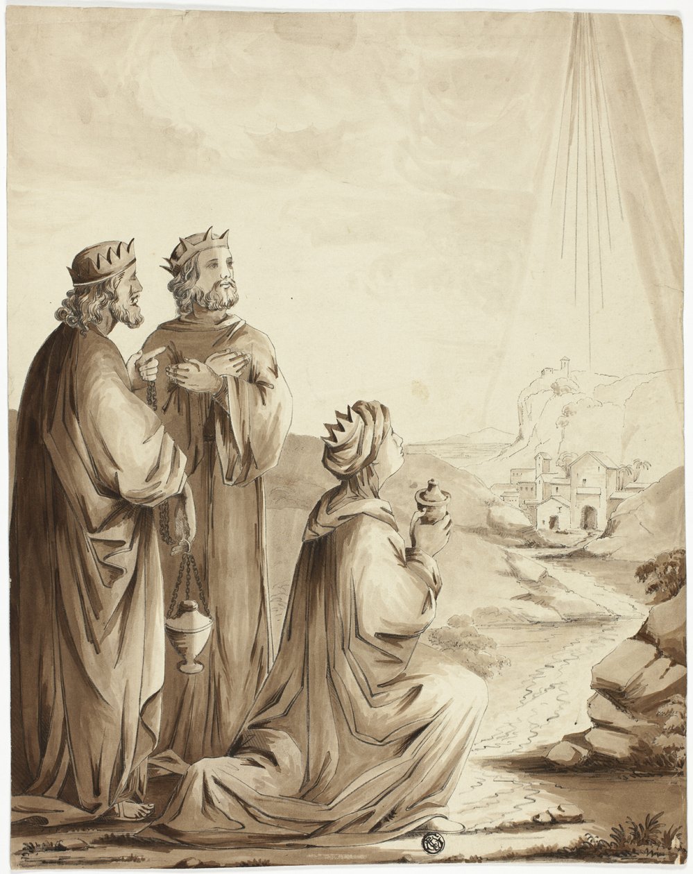 Os três reis magos apontando para a estrela de Belém de Unknown artist