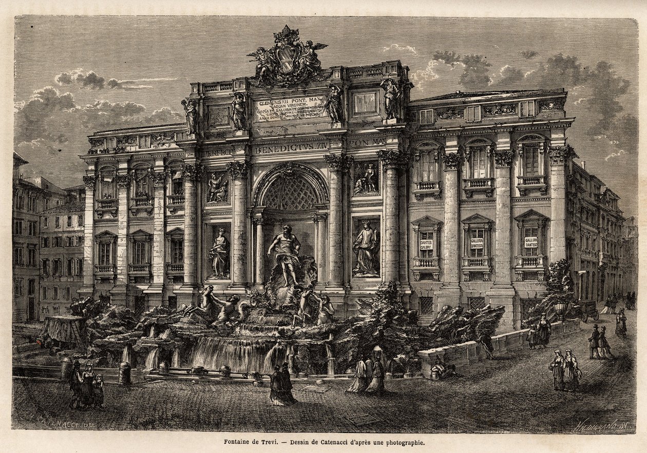 A Fonte de Trevi em Roma, concluída em 1762, é um exemplo da perpetuação do estilo barroco no século XVIII na Itália, baseada no Palazzo Poli, esta monumental obra sob a forma de um arco triunfal esmaga a minúscula praça em que se encontra. de Unknown artist