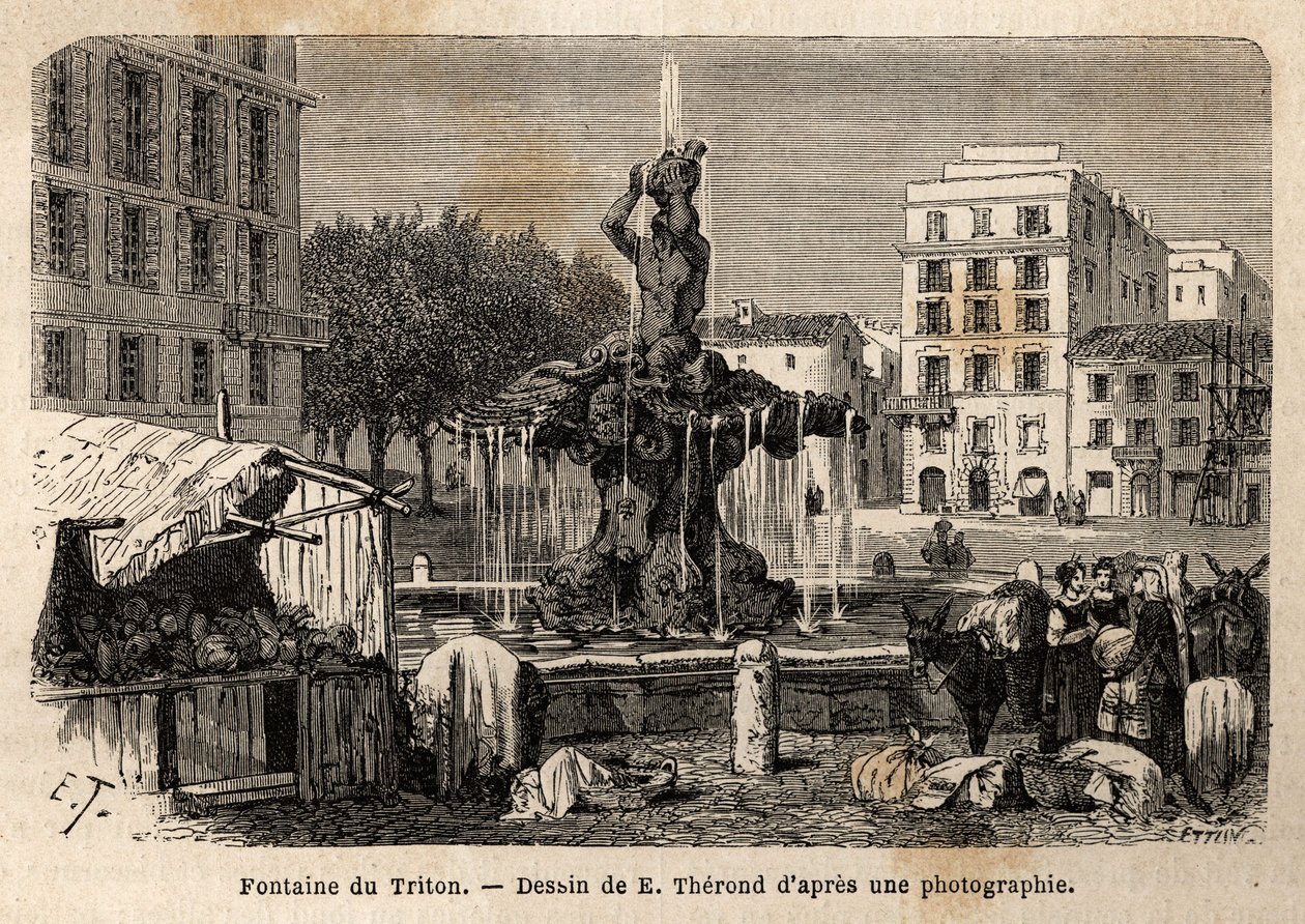 A Fonte Triton, em Roma, criada em 1643 por Gian Lorenzo (Gianlorenzo) Bernini conhecido como Le Bernini (1598-1680), na Praça Barberini. Gravura para ilustrar a viagem a Roma, de Francis Wey, em 1864-1868, publicada em "Le tour du monde, nouveau de Unknown artist