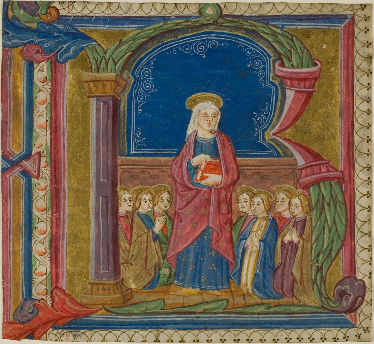 A Virgem adorada pelos santos numa inicial "R" historiada de um antifonário de Unknown artist