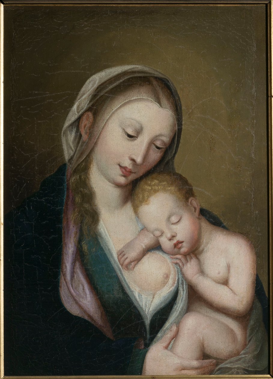 A Virgem e o Menino dormindo em seu ombro. Século XVIII (óleo sobre tela) de Unknown artist