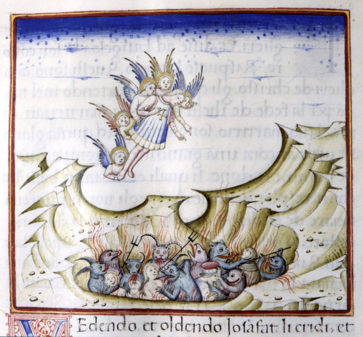 O anjo a olhar para o inferno. O manuscrito do século XV. de Unknown artist
