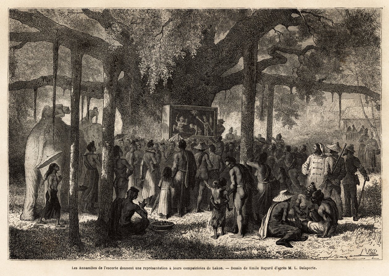 Os anamitas da escolta de Garnier dão uma representação improvisada aos seus compatriotas em Lakon (Laos), depois de terem montado um pequeno teatro de marionetes aos pés de um baniano com um tronco enorme. Gravura para ilustrar a viagem de exploração na I de Unknown artist