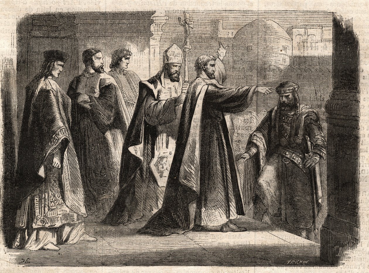 O arcebispo Santo Ambrósio de Milão (Aurelius Ambrosius, Ambrogio di Milano (340-397) proibiu a entrada da igreja ao imperador romano Teodósio I (Flavius Theodosius) (347-395) para puni-lo pelo massacre de Tessalônica em 390 - Excommunicati de Unknown artist