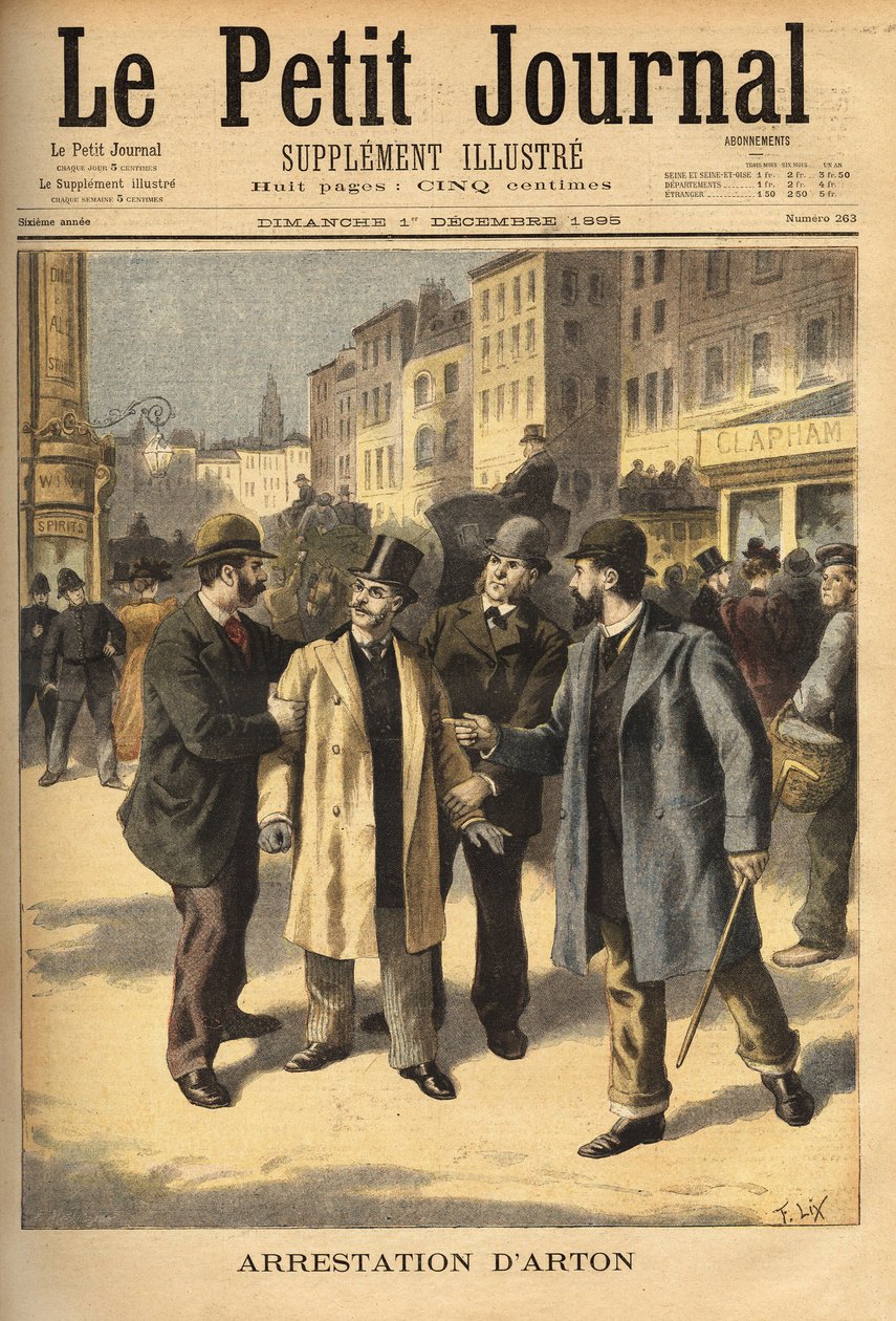 A prisão de Emile Arton (1859-1905), um corretor corrupto no caso do escândalo Panamá, que tem estado em fuga há vários anos. Gravação no "Le petit journal" 1/12/1895. A coleção de Selva. de Unknown artist
