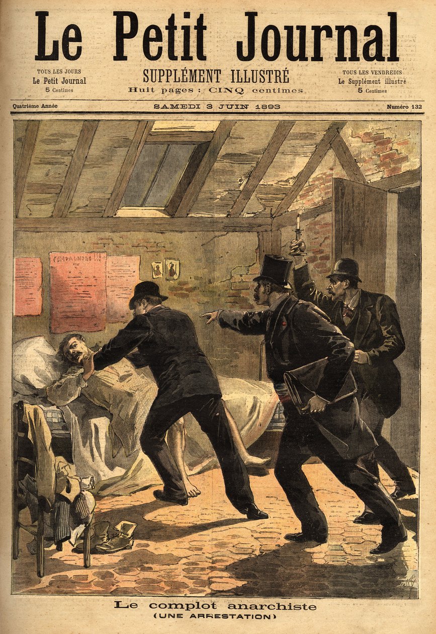 A prisão de um anarquista em Paris e o elemento de uma conspiração e caches de dinamite. Gravura no "Le petit journal" 3/06/1893. A colecção da Selva. de Unknown artist