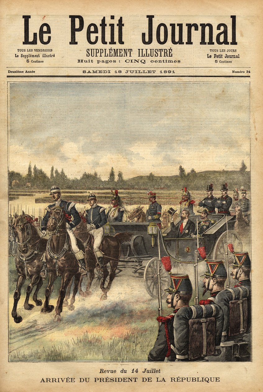 A chegada do presidente da República Francesa Sadi Carnot (1837-1894), na planície do Bois de Boulogne, por ocasião da revista de 14 de julho de Unknown artist