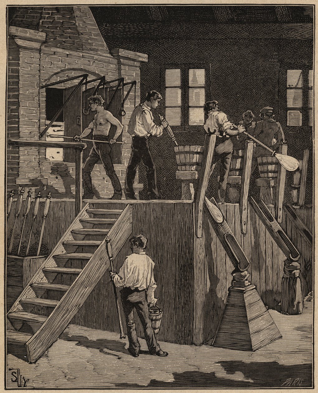 A arte do vidro: vidreiros que fabricam vidro segundo o método francês. Gravura de 1885 em "Les arts et metiers illustres" de Adolphe BITARD. de Unknown artist