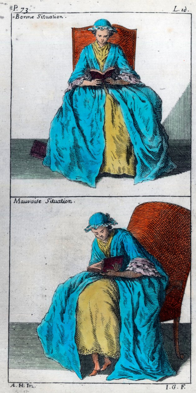 A arte de prevenir e corrigir nas crianças deformidades do corpo: boa e má posição para a leitura. A gravura do século XVIII. Colecção privada. de Unknown artist