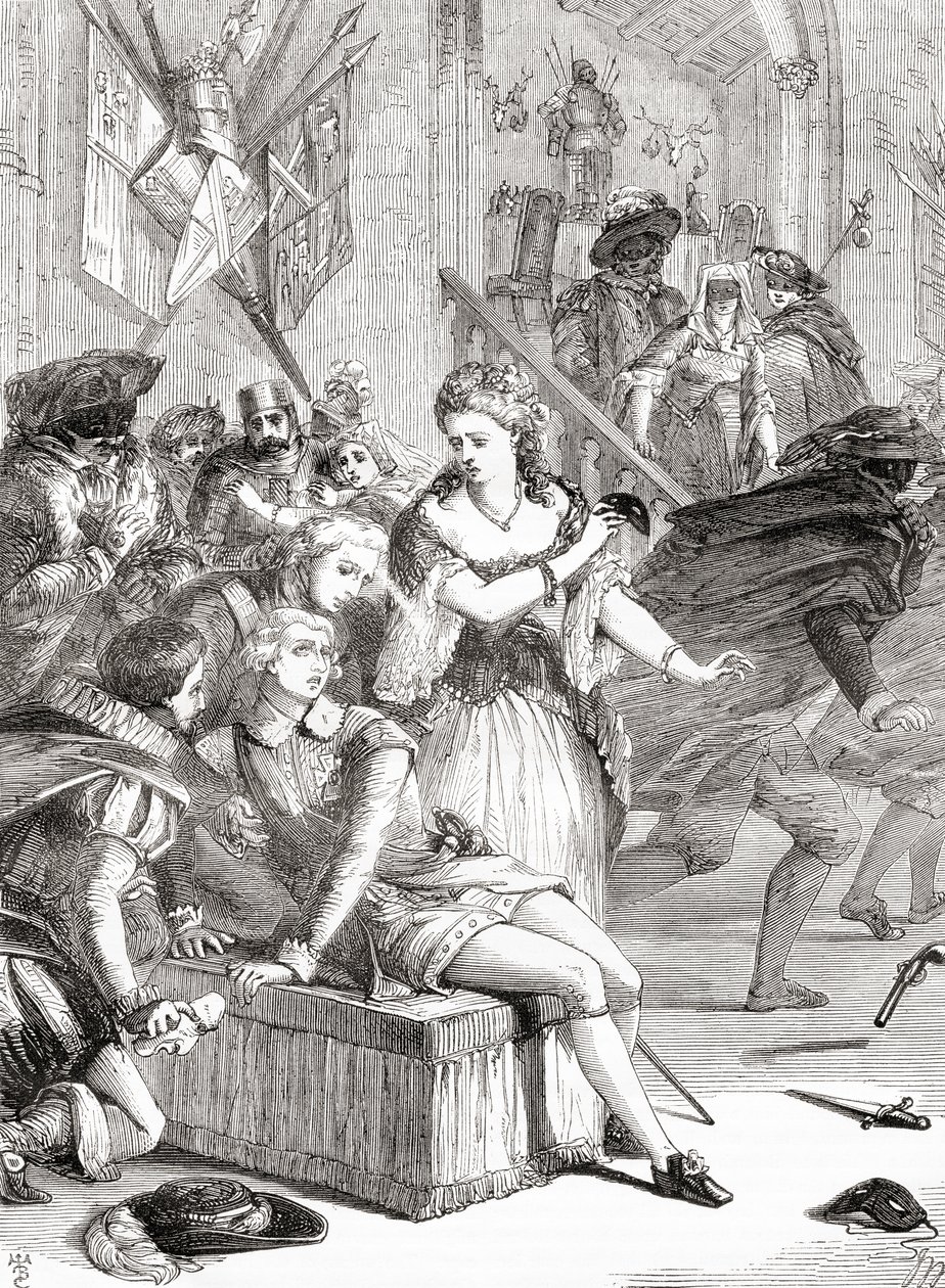 Assassinato de Gustavus III por Jackob Johan Anckarström num baile de máscaras, Estocolmo, Suécia, 1792 (gravura) de Unknown artist