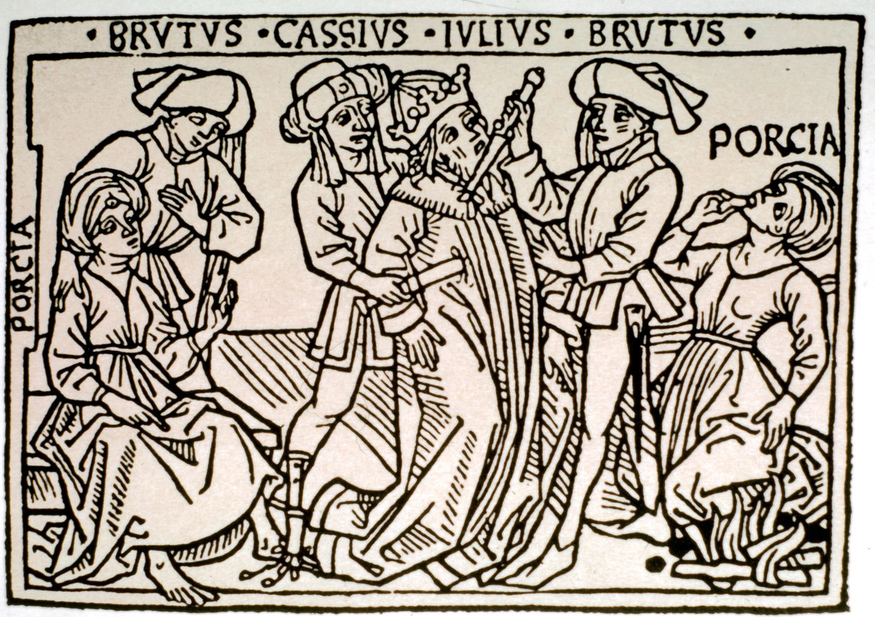 O assassinato de Jules Cesar (100-44 AC): ele é esfaqueado por Brutus e Cassius enquanto Porcie, esposa de Brutus, desaparece. Xilografia da Roma do século XVI, Biblioteca Vallicelliana ©Luisa Ricciarini/Leemage de Unknown artist