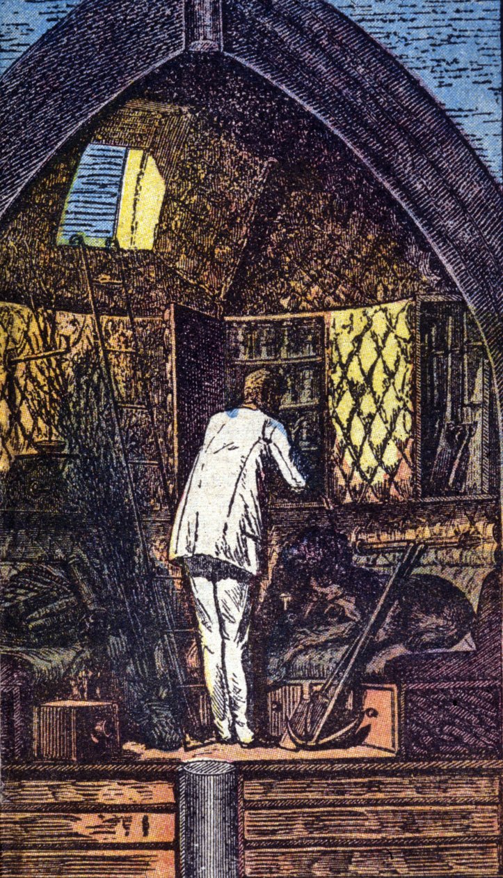 O astronauta no foguetão. Grav. em "From Earth to Moon" por Jules Verne de Unknown artist