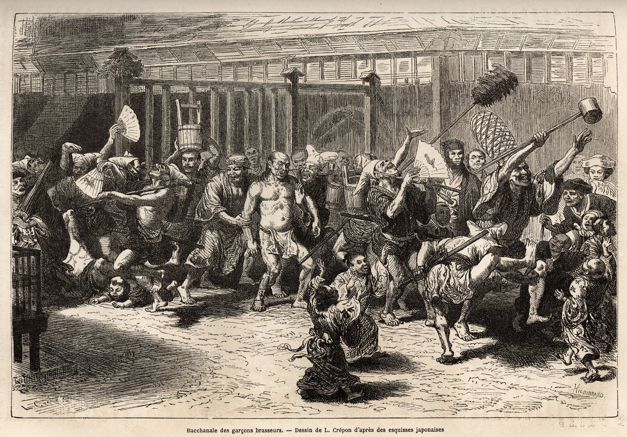 O bacanal dos cervejeiros, na noite de Ano Novo, após receberem o salário e o festoye, entram numa alegre e barulhenta procissão em Edo (actual Tóquio), equipada com um enorme lavatório de saquê e um longo espanador para empurrar os tectos, o príncipe do d de Unknown artist