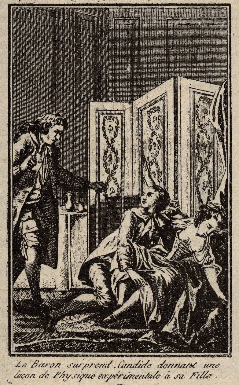 O barão surpreende Candide dando uma lição de física experimental à sua filha Frontispice para "Candide" de François Marie Arouet dit Voltaire. de Unknown artist