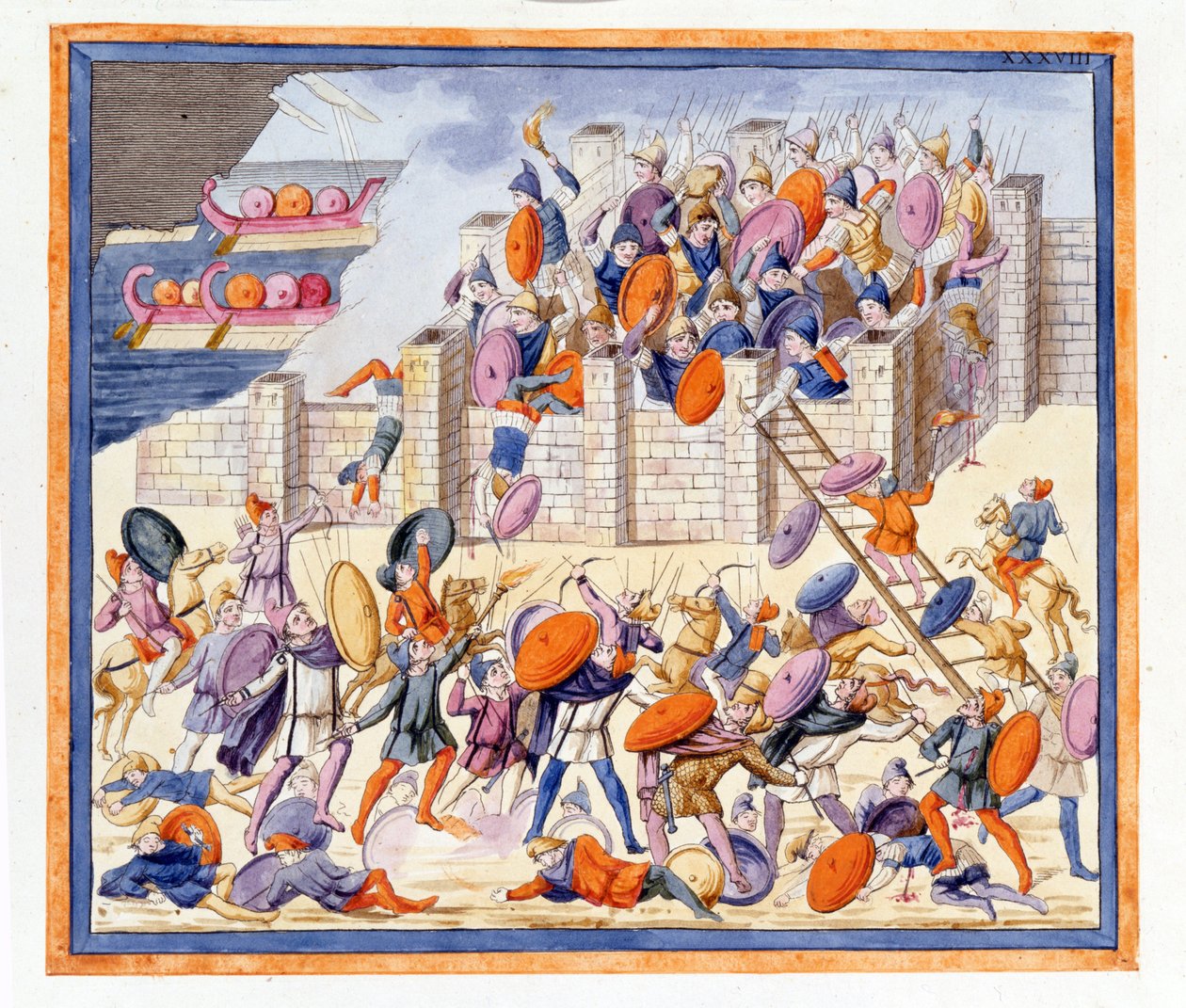 A batalha nos dois lados das muralhas construídas pelos gregos. L