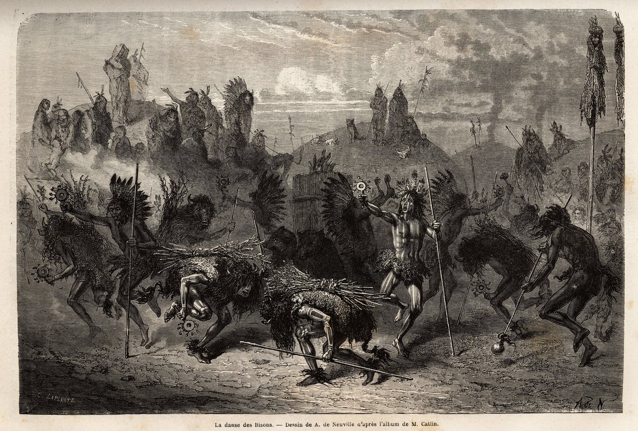 A dança dos bisontes executada pelos guerreiros nos índios Mandans (ou noumah ka kie: faisões) na margem esquerda do Missouri. Gravura para ilustrar uma excursão entre as tribos indígenas das bacias da Colômbia e do Alto Missouri, de G. Catlin, em 1855, p de Unknown artist