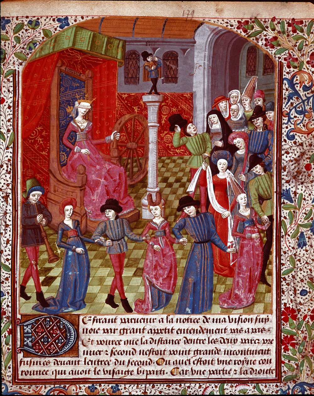 A Fortuna cega girando a roda, o povo antes dela é a alegoria do destino, da felicidade e do Malheur miniatura tirada de "O Tresor da Sapiência" (ou "O Tratamento do Jardim no Amor") por Jean Gerson (1363-1429) (ms. 1513, fol. 179 r.) 15º centurião de Unknown artist