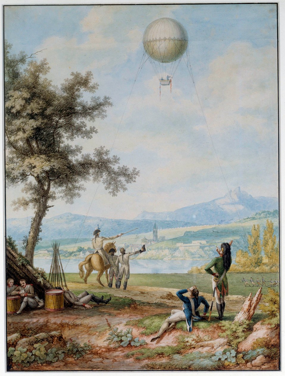O bloqueio de Mainz: o bastião é cercado pelo exército da Primeira Coligação em 14/04/1793. Um balão sobre a cidade em estado de sítio utilizado para fins militares. Impressão do século XVIII. Paris. Museu do Ar de Unknown artist