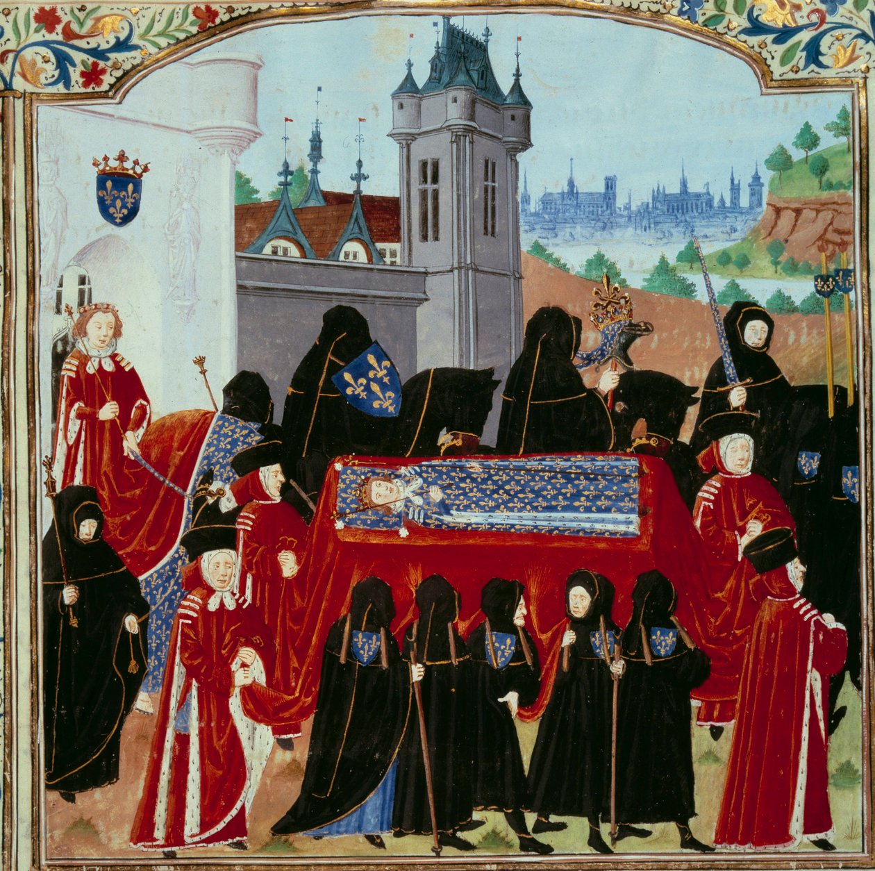 O corpo do falecido Rei Carlos VI (1368-1422) é transportado, atrás da procissão o novo Rei Carlos VII (1403-1461) a 22/10/1422 Miniatura do manuscrito "Crônicas de Carlos VII" (Ms. fr. 2691) de Jean Chartier de Unknown artist