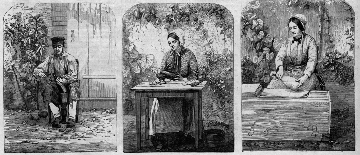 O engarrafamento do vinho Champagne. Gravura a partir de 1864. de Unknown artist