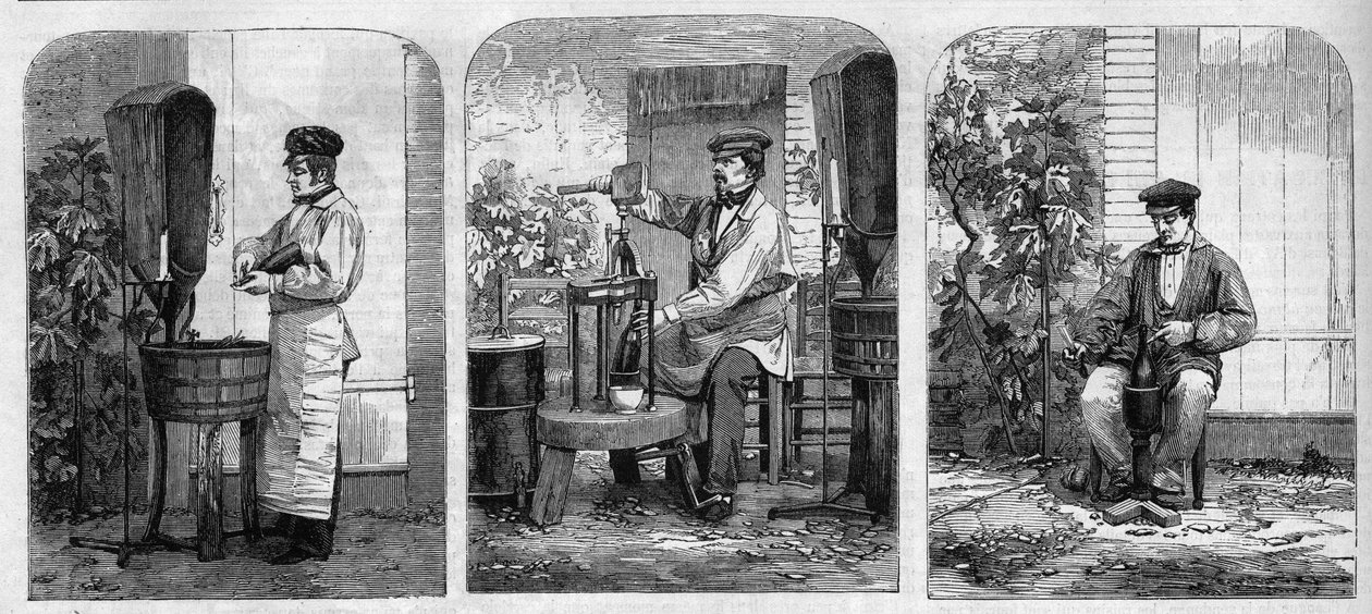 O engarrafamento do vinho Champagne. Gravura a partir de 1864. de Unknown artist