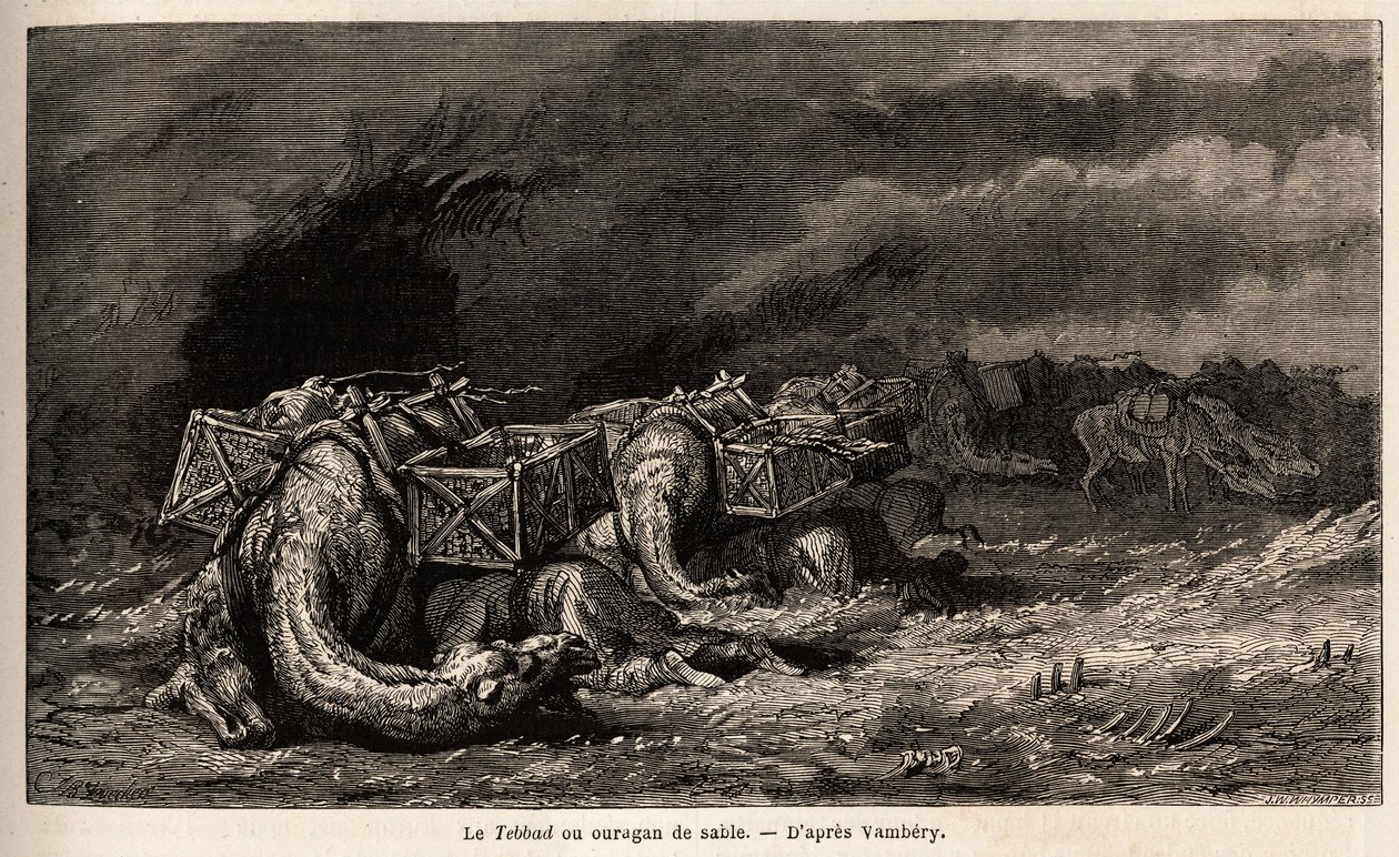 A caravana de camelos apanhada num furacão de areia chama tebbad. Desenho de Emile Bayard (1837-1891), para ilustrar a viagem à Ásia Central, em 1863, de Arminius Vambery (cientista húngaro disfarçado em dervixe). Gravura em "Le tour du monde", editado por de Unknown artist