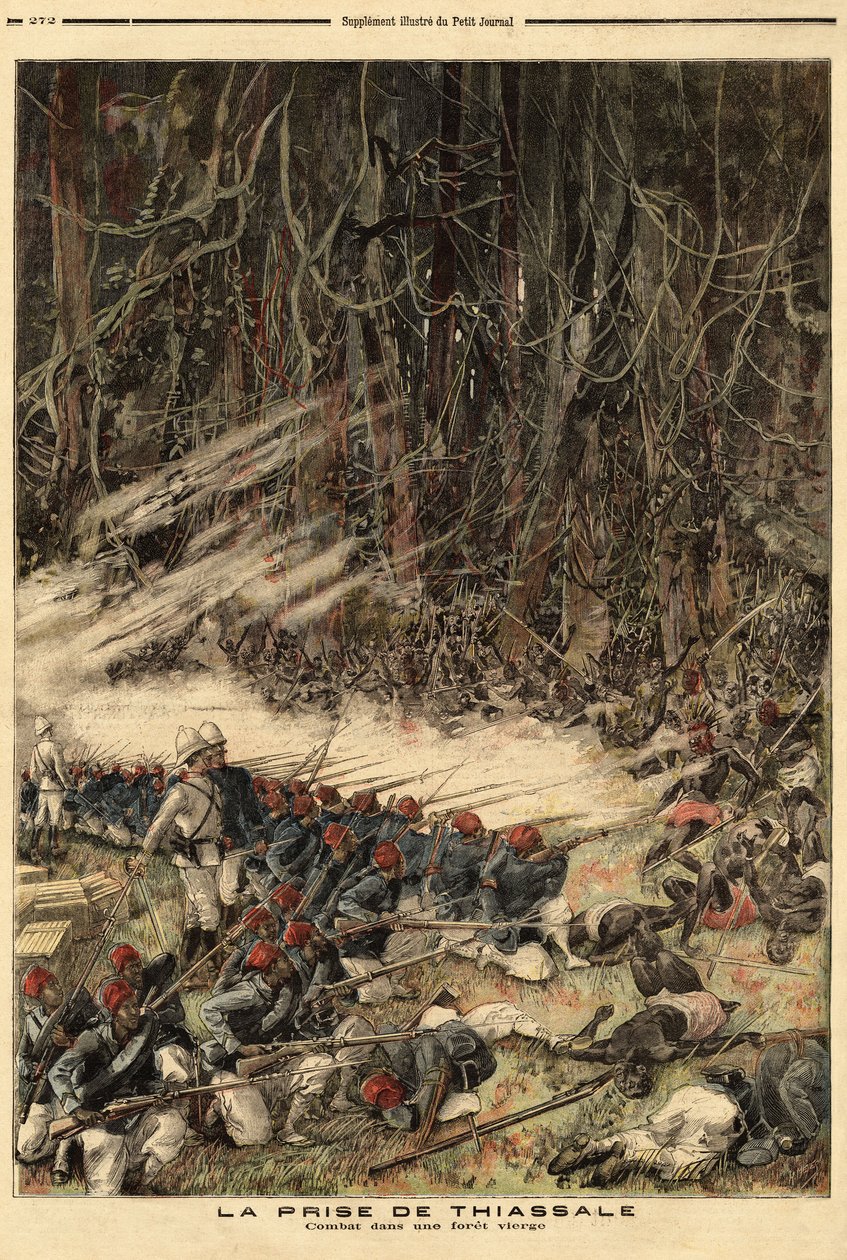 A captura de Thiassale (Costa do Marfim), pelo capitão Jean Baptiste Marchand (1863-1934), comandante das forças militares da colónia, com uma tropa de 115 homens, combateu os guerreiros Baoule entre o rio Bendama e a floresta virgem. Gravura em "Le p de Unknown artist