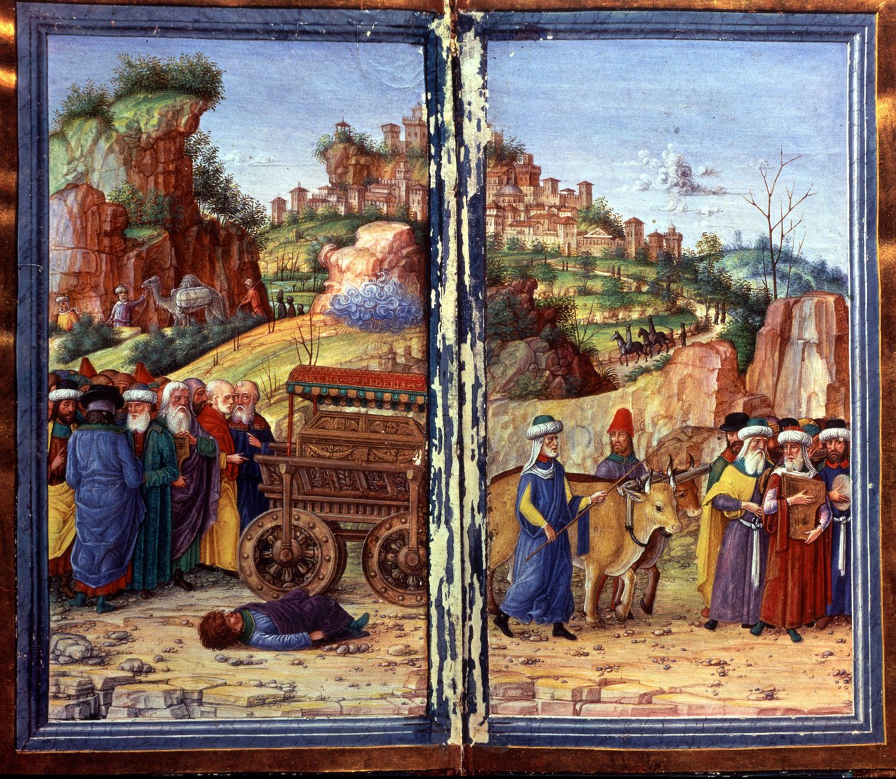 A carruagem da Santa Arca da Aliança, seguida por David tocando o saltério; Ozam, que tinha tentado segurá-la, está no chão, morto. O Saltério de Davi de Unknown artist