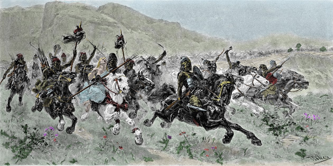 A carga dos hunos liderada por Attila (405-453), defendendo sobre a Itália, século V - Gravura de U. Checa de Unknown artist