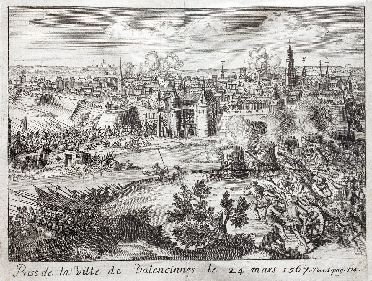 A cidade de Valenciennes (França) foi tomada em 24 de março de 1567. Primeira batalha da revolta dos Gueux (início da Guerra dos Oitenta Anos (Oitenta Anos ou 80 Anos) (Revolta dos Países Baixos) (1568-1648). Gravura para ilustrar a "História da Guerra de  de Unknown artist